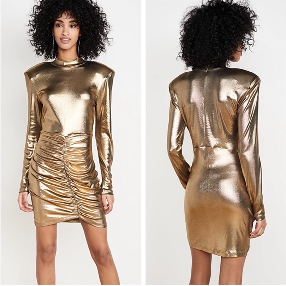 NWT Rotate Birger Christensen Minnie Metallic Gold Lame Mini Dress Ruched  Liquid